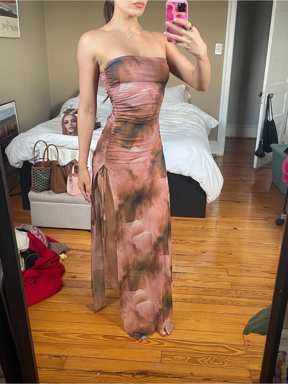 Windsor Strapless Ruched Side-Tie Maxi Dress in Dusty Rose & Olive Wash - Picture 4 of 4